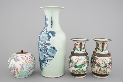 A set of four various Chinese famille rose and other vases, 19th C.