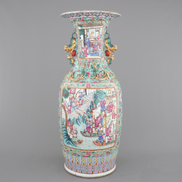 A massive Chinese famille rose vase with figural scenes on a turquoise ground, 19th C.