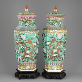 A massive pair of Chinese hexagonal turquoise ground vases and covers of Dayazhai style, 19th C.