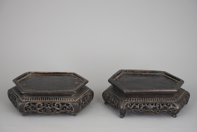 A massive pair of Chinese hexagonal turquoise ground vases and covers of Dayazhai style, 19th C.