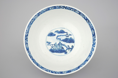 A large blue and white Chinese porcelain bowl with go players, Xuantong mark and probably of the period (1908-1912)