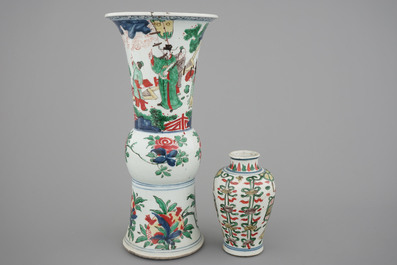 A Chinese wucai porcelain beaker vase and a smaller vase, Chongzhen (1628-1643), Transitional period