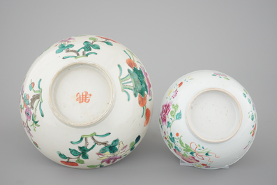 A pair of Chinese Imari porcelain dishes and two famille rose bowls, with 2 Japanese Imari shaving bowls, 18th C.