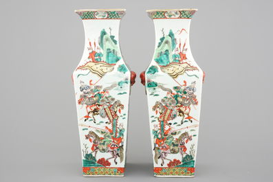 A pair of square Chinese wucai porcelain vases with warriors, 19th C.