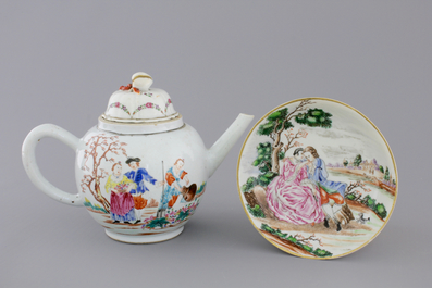 A Chinese famille rose export porcelain teapot and saucer with European subjects, Qianlong, 18th C.
