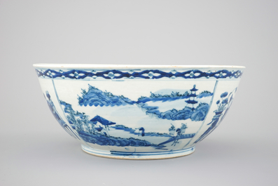 A large blue and white Chinese porcelain bowl with go players, Xuantong mark and probably of the period (1908-1912)