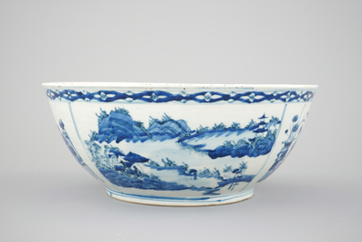 A large blue and white Chinese porcelain bowl with go players, Xuantong mark and probably of the period (1908-1912)
