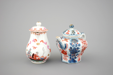 A collection of Chinese imari style cups and saucers with a teapot, and an export porcelain cream jug, 18th C.