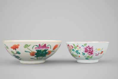 A pair of Chinese Imari porcelain dishes and two famille rose bowls, with 2 Japanese Imari shaving bowls, 18th C.