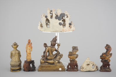 Two Chinese or Tibetan bronze figures, one of Tara seated on a tiger and a set of soapstone carvings, 18/19th C.