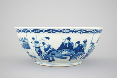 A large blue and white Chinese porcelain bowl with go players, Xuantong mark and probably of the period (1908-1912)