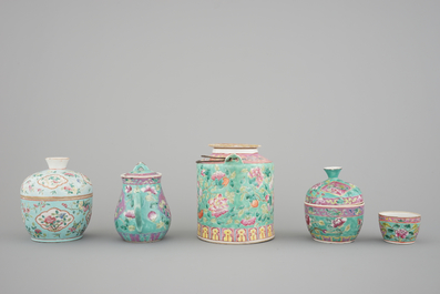 A nice set of Chinese turquoise ground famille rose Peranakan straits porcelain including teapots, 19/20th C.