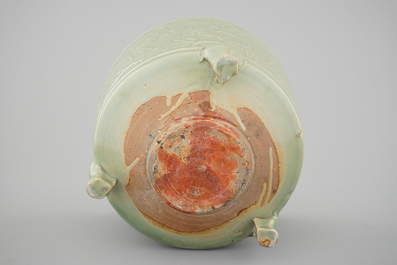 A large decorated Ming longquan celadon tripod censer, 14/15th C.