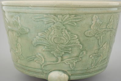 A large decorated Ming longquan celadon tripod censer, 14/15th C.