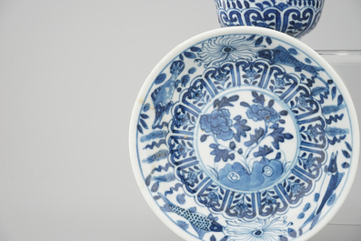 6 Chinese blue and white porcelain cups and 4 saucers, 19th C.