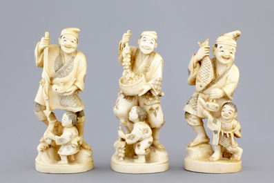 Three Japanese ivory carved okimono of fishermen with their son, Meiji, 19th C.