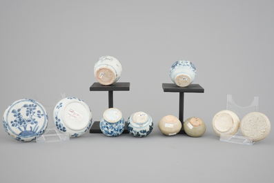 A collection of 8 small blue and white and celadon-glazed jarlets and boxes, Ming Dynasty