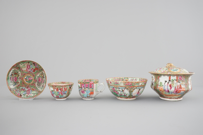 19th C. Chinese Canton famille rose porcelain: a bowl with cover, sixteen cups, four saucers and a bowl