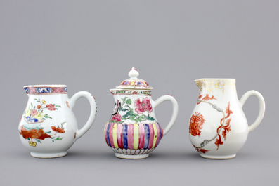 Three Chinese famille rose porcelain cream jugs, one armorial, Qianlong, 18th C.