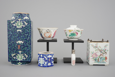 A set of 6 Chinese 19/20th C.porcelain items: a cong vase, a snuff bottle, two bowls and two brush washers