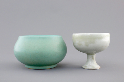 A Chinese turquoise ground brushwasher, 17/18th C. and a white glazed Ming Dynasty stem cup, 16/17th C.