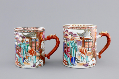 Two Chinese export porcelain mandarin pattern mugs with dragon handles, Qianlong, 18th C.