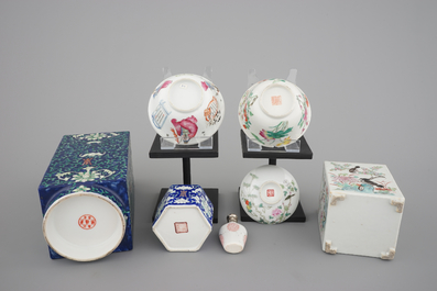 A set of 6 Chinese 19/20th C.porcelain items: a cong vase, a snuff bottle, two bowls and two brush washers
