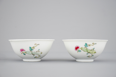 A Chinese famille rose bowl and two famille rose bowls with flowers