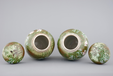 A tall pair of Japanese celadon-ground vases with covers, ca. 1880