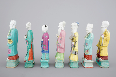 A nice group of 7 Chinese porcelain figures of immortals, 19th C.