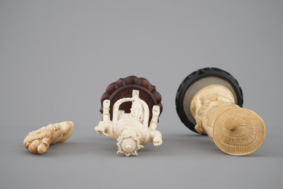 Three carved ivory figures, Japan and India, 19th C.