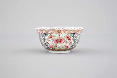Two Chinese famille rose and gilt porcelain cups and saucers, Yongzheng, 1722-1735