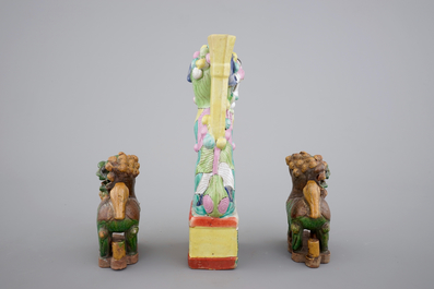 Three Chinese porcelain polychrome foo dogs, the verte biscuit pair, 18th, the other 19th C.
