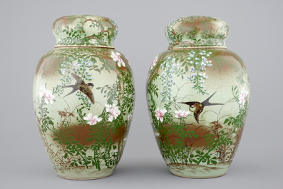 A tall pair of Japanese celadon-ground vases with covers, ca. 1880