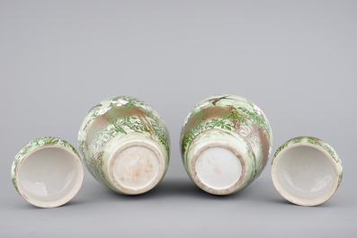 A tall pair of Japanese celadon-ground vases with covers, ca. 1880