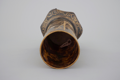 A tall Japanese gold-lacquered tortoise shell brush pot on tripod stand, Meiji, ca. 1880