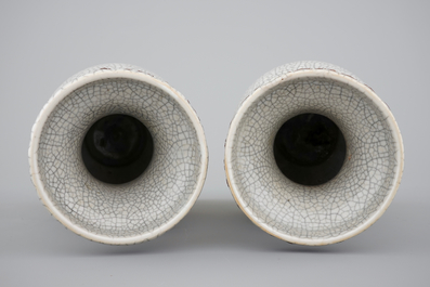 A pair of Chinese crackle glaze vases on bronze mounts, 19th C.