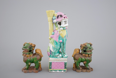 Three Chinese porcelain polychrome foo dogs, the verte biscuit pair, 18th, the other 19th C.