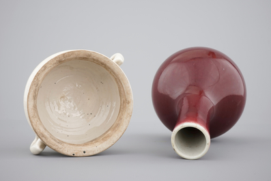 A Chinese sang de boeuf vase, 18/19th C. and a blanc de Chine censer, 18th C.