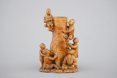 A Japanese pottery vase with children by a bamboo tree, probably Kyoto school, 19th C.