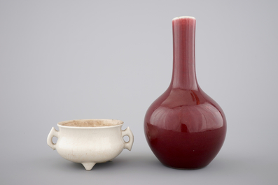 A Chinese sang de boeuf vase, 18/19th C. and a blanc de Chine censer, 18th C.