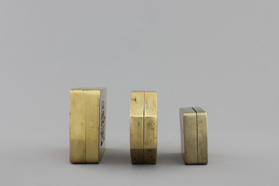 Three Chinese inscribed bronze seal boxes, 20th C.