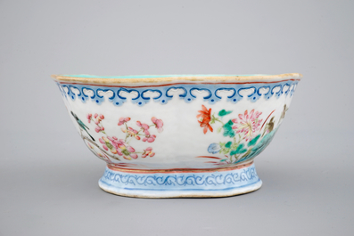 A Chinese famille rose bowl and two famille rose bowls with flowers