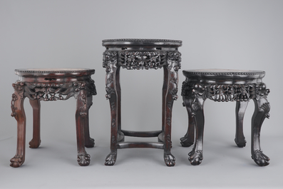 Three carved Chinese wood marble top vase stands, 19/20th C.