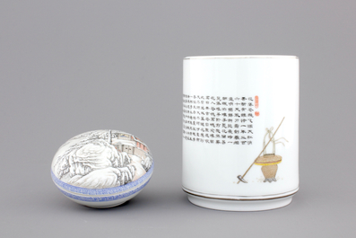 A Chinese box and cover with a winter landscape and a brush pot, 20th C.