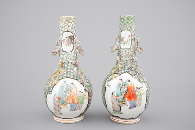 A pair of Canton famille verte vases and a pink ground Canton vase, 19th C.