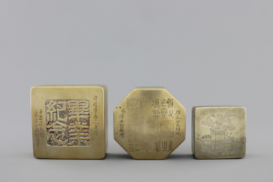 Three Chinese inscribed bronze seal boxes, 20th C.