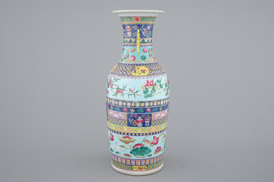 A tall Chinese famille rose vase with birds among flowers between colored bands of symbolim, 19th C.