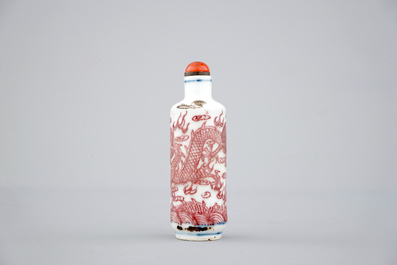 A Chinese blue, white and iron red dragon snuff bottle, ca. 1900