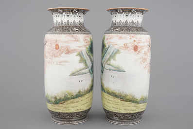 A tall pair of Chinese famille rose vases, Republic, 20th C.